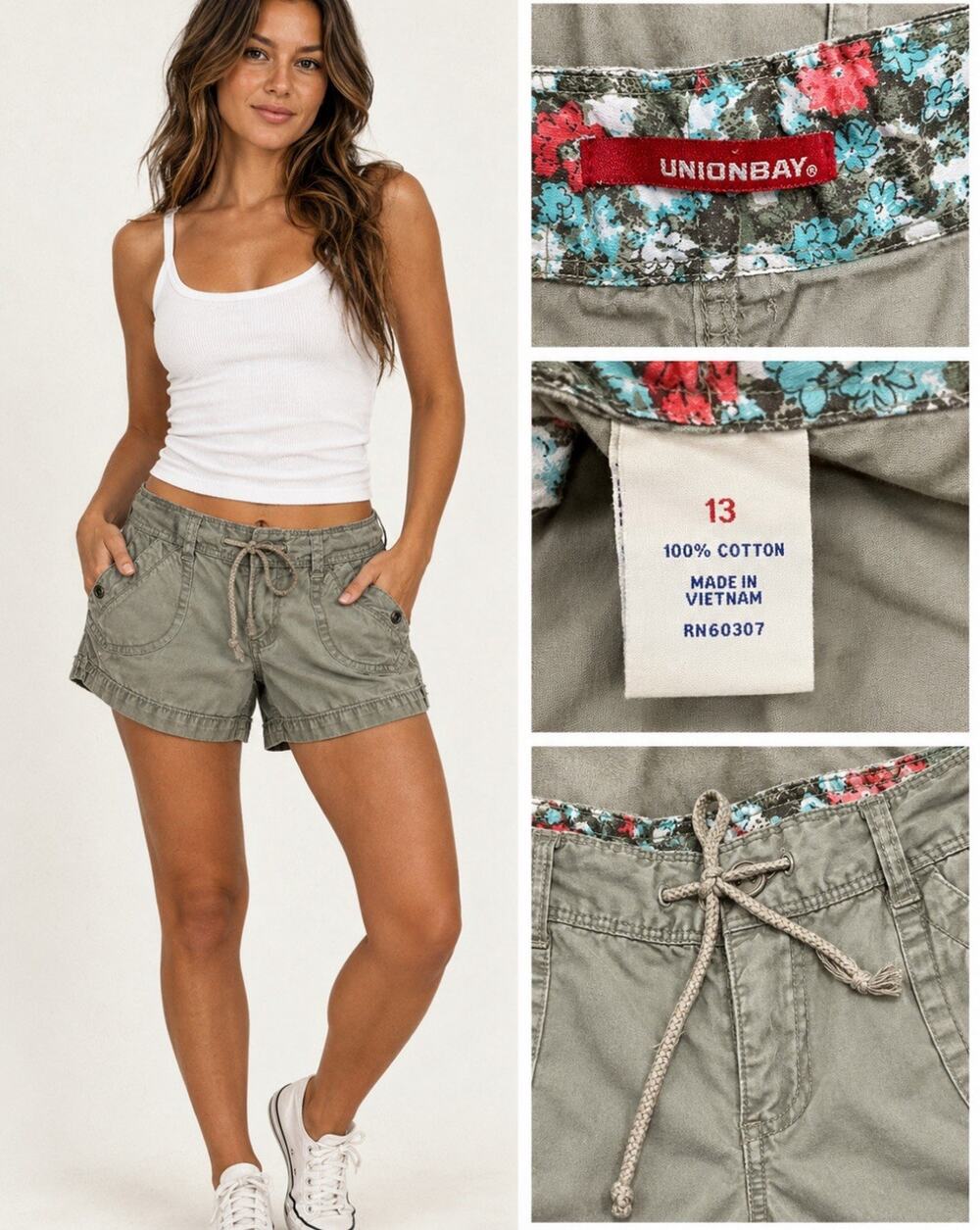 Y2K Indie Sleaze UnionBay Drawstring Utility Shorts Size 13 Olive Floral Trim
